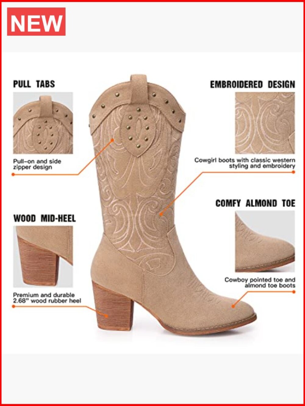 Western Mid Calf Boots for Women – Chunky Heel Pointed Toe Suede Embroidered - Picture 4 of 7